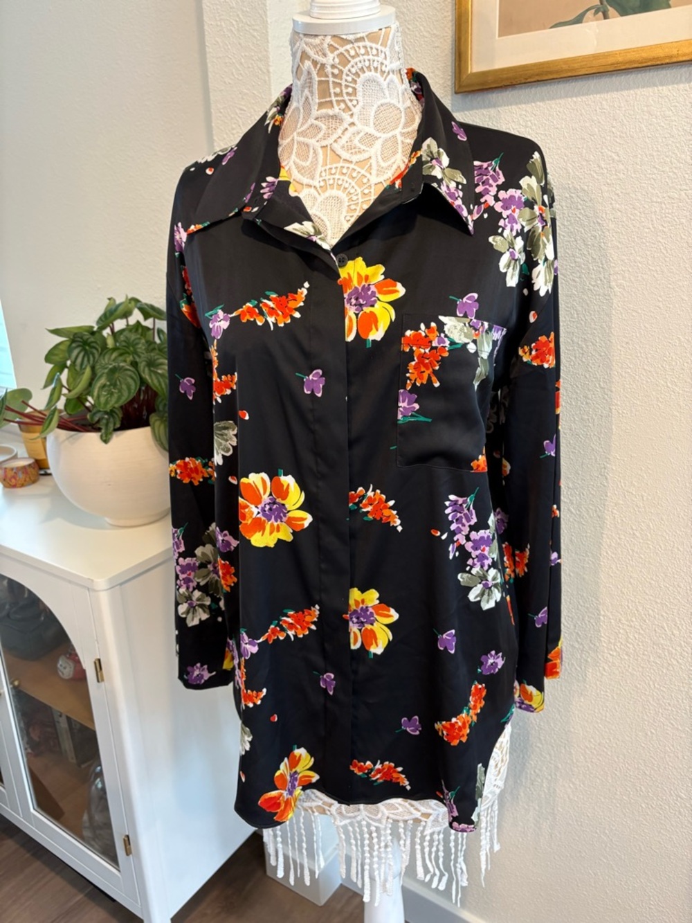Savage X Fenty Satin Floral Button-Down Night Shirt with Kimono Sleeve